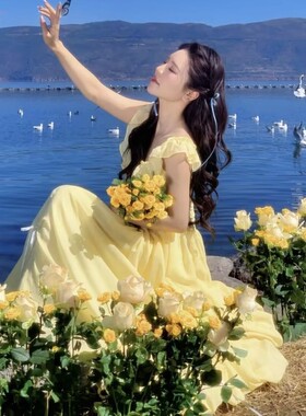 照相馆新款森系甜美可爱田园黄色飞袖吊带洋装浪漫拍照写真服装