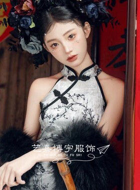 民族特色女簪花写真服装中式国风改良旗袍拍照复古旅拍摄影洋装