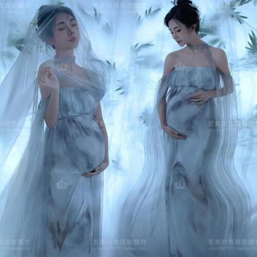 孕妇影楼写真主题拍照新款复古新中式气质水墨画抹胸裙摄影服装孕 - 图2