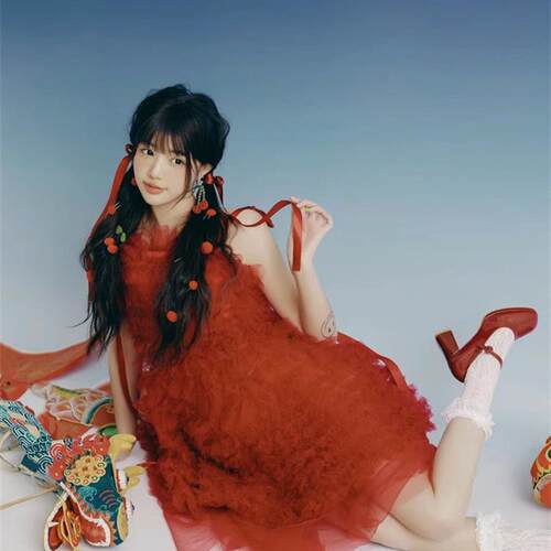 影楼龙年新款红色纱裙韩系主题早春画报风孕妈咪写真艺术照服装影 - 图0