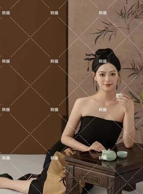 影楼主题新中式国风黑色抹胸礼服水墨画风复古写真旗袍艺术照服装