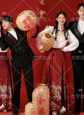 影楼新款中式国风主题摄影服装喜嫁复古缎面婚纱回门订婚敬酒礼服