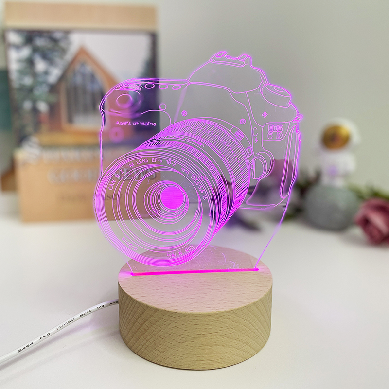 创意圆形10CM直径实木发光底座USB插电木质LED小夜灯立牌台灯摆件 - 图0