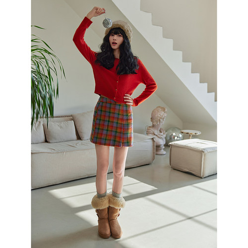 Chings 复古格纹毛呢半裙 高腰显瘦显腿长圣诞节氛围感包臀裙秋 - 图0