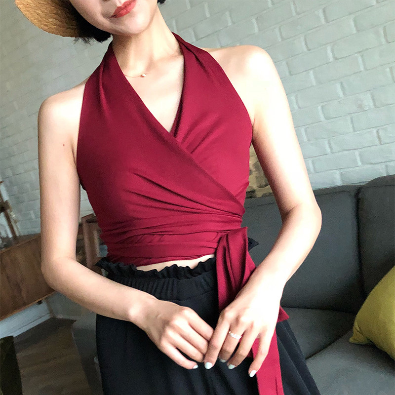 Ching's复古挂脖绑带上衣一片式黑色交叉高腰显瘦短款V领背心夏_虎窝淘