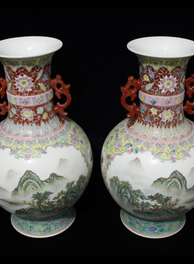 景德镇艺术瓷厂瓷器八十年代手绘粉彩开窗山水山清水秀双耳赏瓶