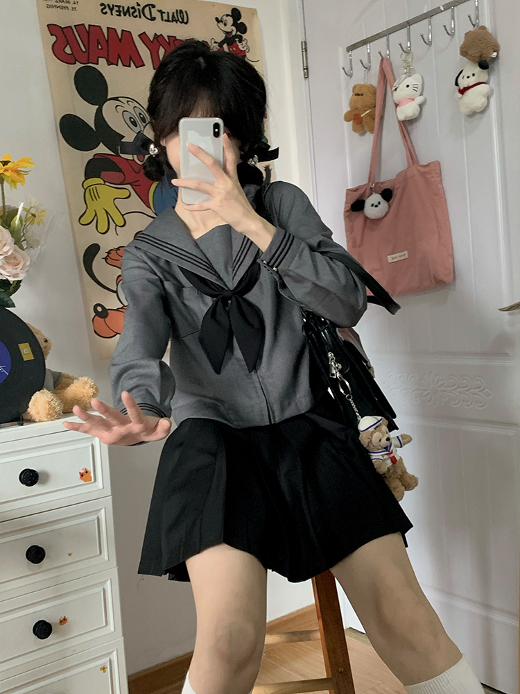 正版中间服蝴蝶结灰色黑三本关西襟基础水手服纯灰JK学生制服套装-图0