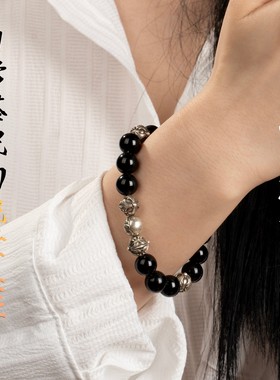 宗克罗心10MM八银珠黑曜石手串
