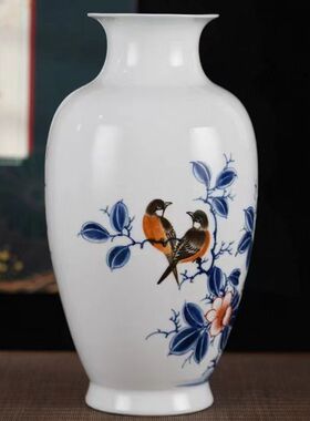 景德镇陶瓷花瓶大师工笔手绘花鸟图花瓶客厅装饰摆件中式插花器