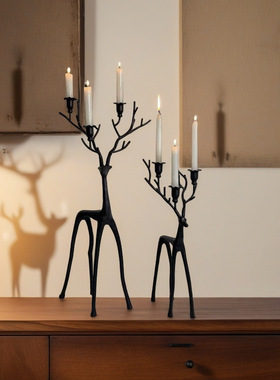 跨境黑色铁艺麋鹿烛台架圣诞装饰工艺品创意家居办公桌面摆件烛杯