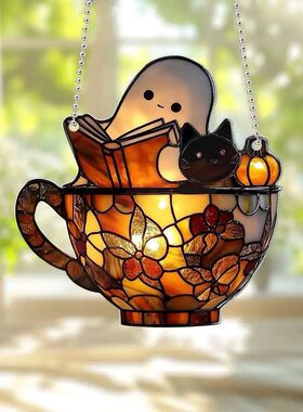 Halloween Ghost Reading Book Window Suncatcher Hanging Color