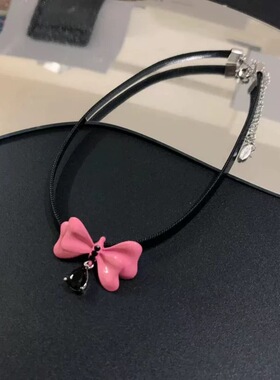 黑粉甜心蝴蝶结y2k项链女甜酷小众设计感2026爆款皮质颈链