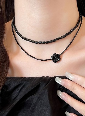 黑色玫瑰花串珠双层项链锁骨链女小众设计时尚复古简约百搭精致