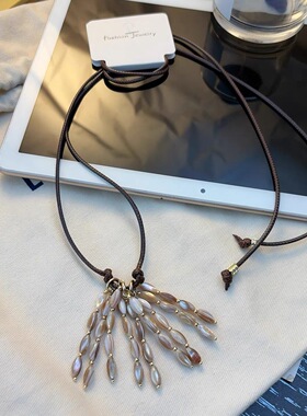 天然石串流苏长款串珠项链百搭设计感小众抽拉项链手工串珠毛衣链