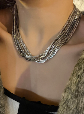欧美个性夸张金属多层锁骨链高级小众设计感项链气质百搭毛衣链女