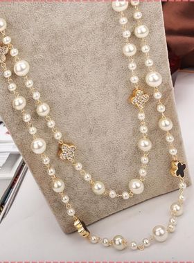 日韩长款珍珠项链多层四叶草毛衣链女韩版2021年新款潮时尚款双层