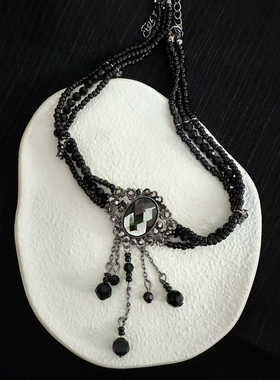 暗黑系宫廷风黑色串珠流苏项链优雅气质复古水晶choker颈链锁骨链