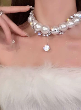 推荐时髦欧美大小珍珠项s链女满钻夸张多戴法气质锁骨链锆石颈链