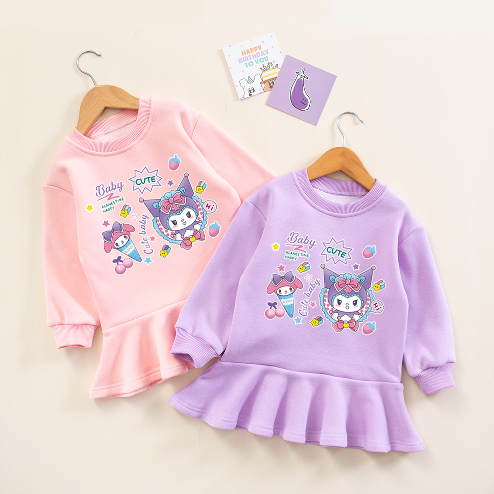 lujunni库洛米裙子女童秋冬加绒时髦洋气连衣裙儿童一体绒卫衣裙 - 图0