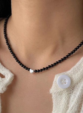 kevkev黑曜石串珠爱心项链女轻奢小众设计感锁骨链高级百搭礼物