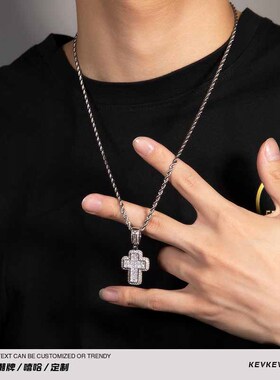 嘻哈满钻方形十字架项链卫衣链