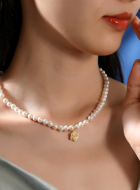 山茶花吊坠珍珠项链s925纯银复古风小清新轻奢优雅简约法式锁骨链