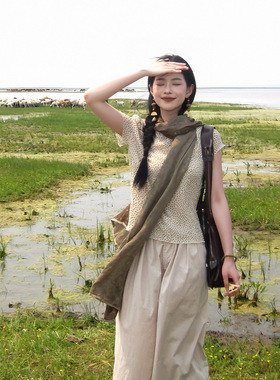 川西旅游棉麻围巾女大西北新疆草原薄款复古文艺丝巾民族风长披肩