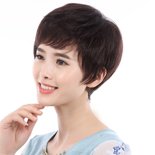 俏美时尚中老年真发女短发短卷发斜刘海自然蓬松逼真妈妈假发头套 - 图0