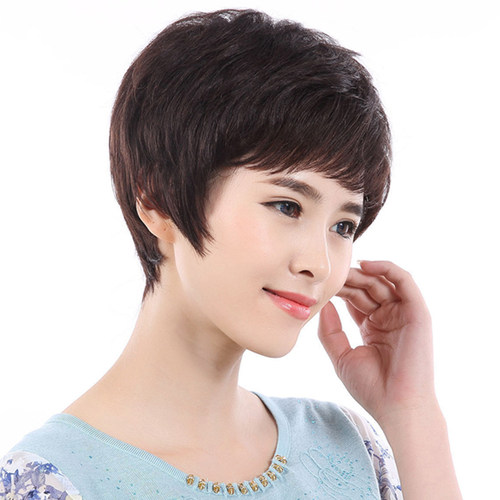 俏美时尚中老年真发女短发短卷发斜刘海自然蓬松逼真妈妈假发头套 - 图1
