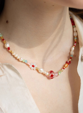 甜美可爱彩色串珠蘑菇项链