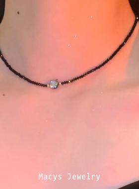 萌宠年华 黑尖晶项链女可爱精致黑色珠天然贝母猫眼石小猫锁骨链