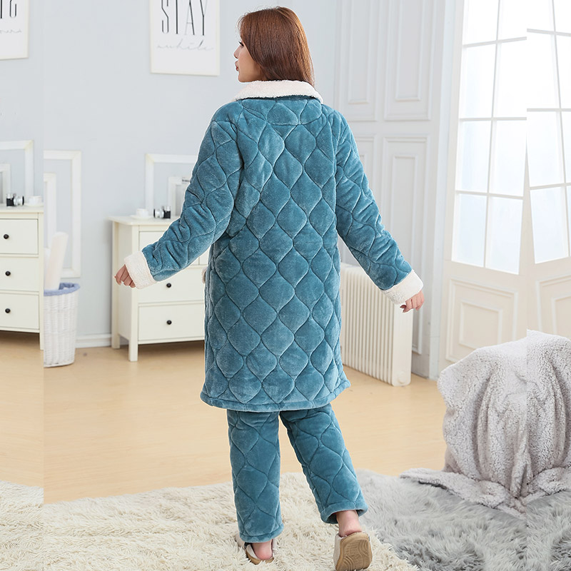 睡衣女冬季法兰绒三层加厚夹棉加绒韩版加长款棉袄保暖家居服套装 睡衣女冬季法兰绒三层加厚夹棉加绒韩版加长款棉袄保暖家居服套装