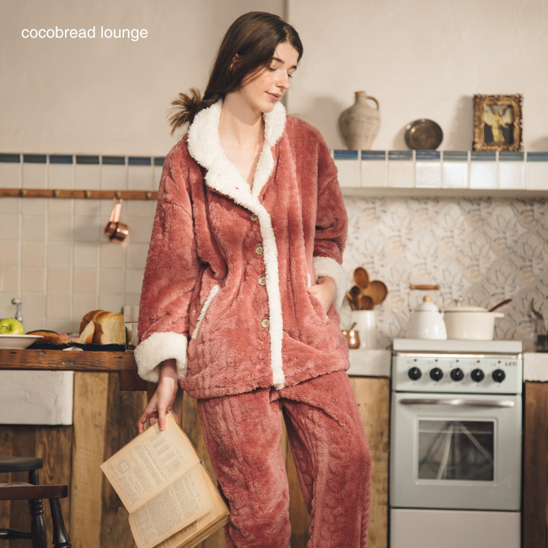 cocobread旗舰店睡衣女秋冬季加厚加绒可外穿珊瑚绒法兰绒可爱新款保暖家居服套装1