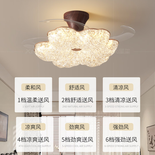 中古隐形风扇灯金箔轻奢紫荆花朵全光谱护眼主卧室餐厅一体吊扇灯