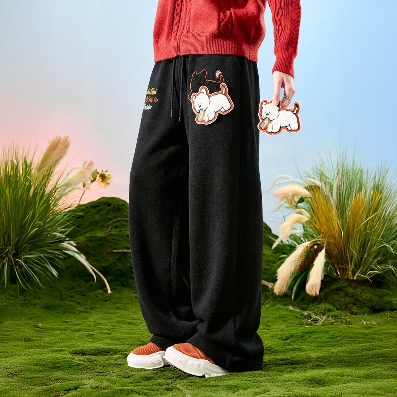 Nuthink美式潮牌小狗刺绣卫裤垂感阔腿加厚加绒裤子男款2026年春,淘宝优惠券,粉丝福利购,淘宝优惠卷