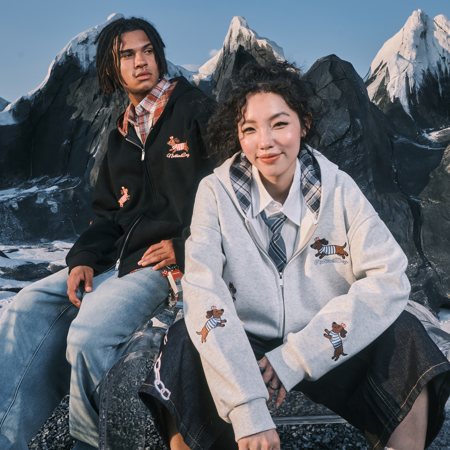 Nuthink美式复古小狗刺绣格纹连帽卫衣拉链开衫男女2025秋冬新款 - 图1