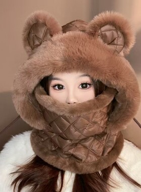 冬季骑行加绒保暖围巾一体帽女