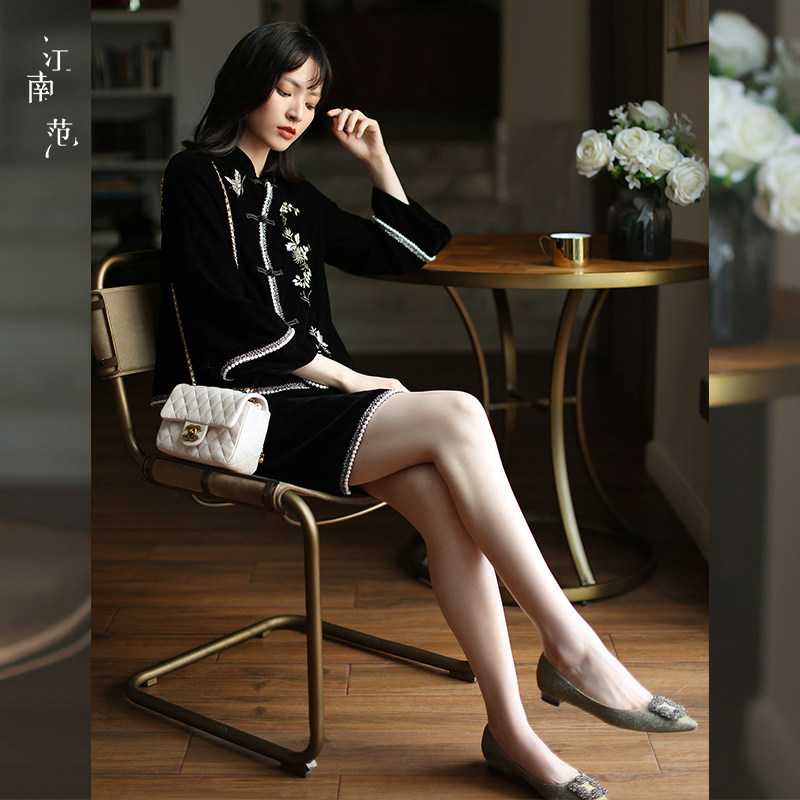 江南范中国风绣花丝绒改良黑色旗袍 rojay旗袍