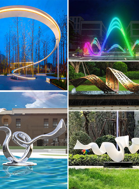 大型不锈钢异形飘带雕塑户外景观流水镜面发光抽象艺术镂空大摆件