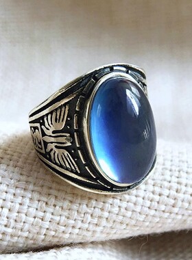 小众个性冰湖蓝海蓝宝戒指手工复古设计时尚精致戒指女款/男款