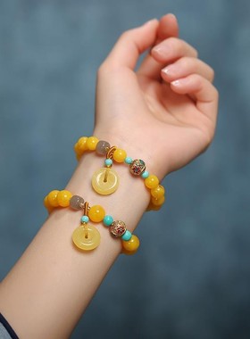 新款网红蜜蜡鸡油黄单圈红玛瑙平安扣手链复古新中式文艺闺蜜
