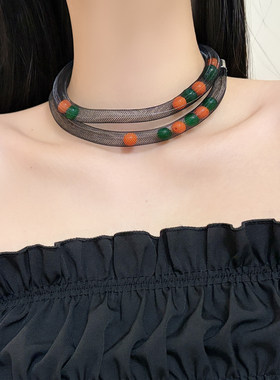 欧美满钻丝绒项圈项链女款夸张宽版吊坠choker颈链