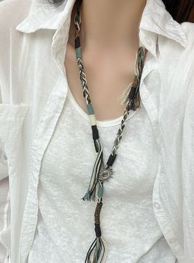 民族度假风手工编织绳太阳花项链女款个性流苏长款毛衣链时尚颈链