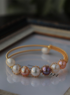 新款金银色手工绕线天然淡水珍珠手镯复古竹节手链