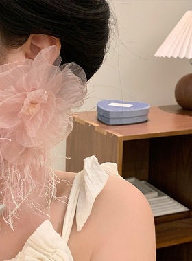 海边度假风粉色山茶花朵耳钉春夏夸张耳环甜美氛围感耳饰女