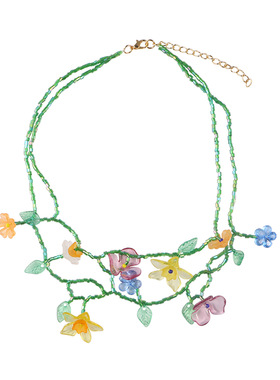 彩色树脂花朵项链 不对称串珠耳环夏季连衣裙首饰套装