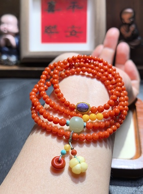 天然满色满肉柿子红高品质四圈手链搭配天然蜜蜡桂花紫龙晶和田玉