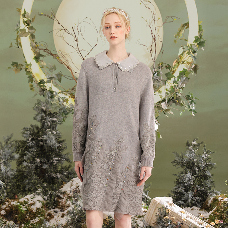 CHARFEN朝峰复古时尚轻奢气质优雅针织连衣裙女CFD5E811-8016G - 图0