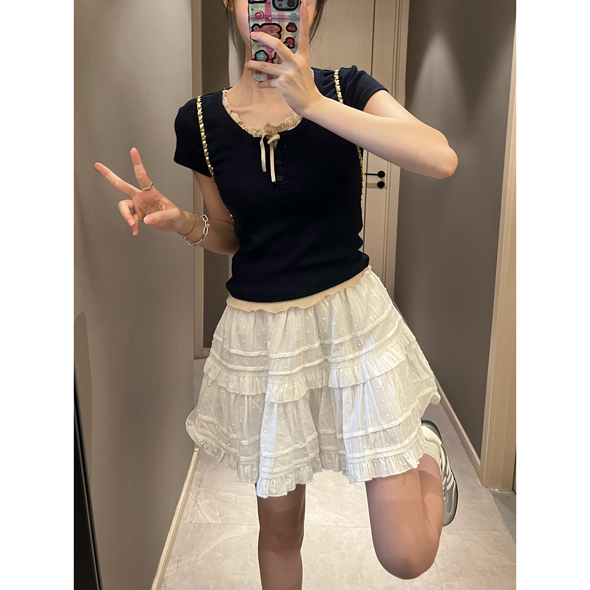 liyu李鱼鱼细带撞色假两件短袖T恤女2024夏韩版小众少女感短上衣 - 图3