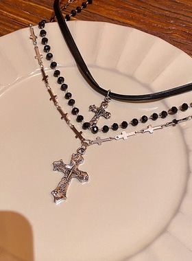 复古风多层十字架串珠项链女暗黑朋克风叠戴锁骨链千禧辣妹毛衣链